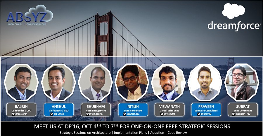 absyz's tweet photo. Meet Us at Dreamforce'16 - https://t.co/BRftPXXEhh  
@Dreamforce @skhilauria @nitish231 @prav99 @J_Ansh @baleshln @skhilauria @vishy04 https://t.co/APDYxH9uiD