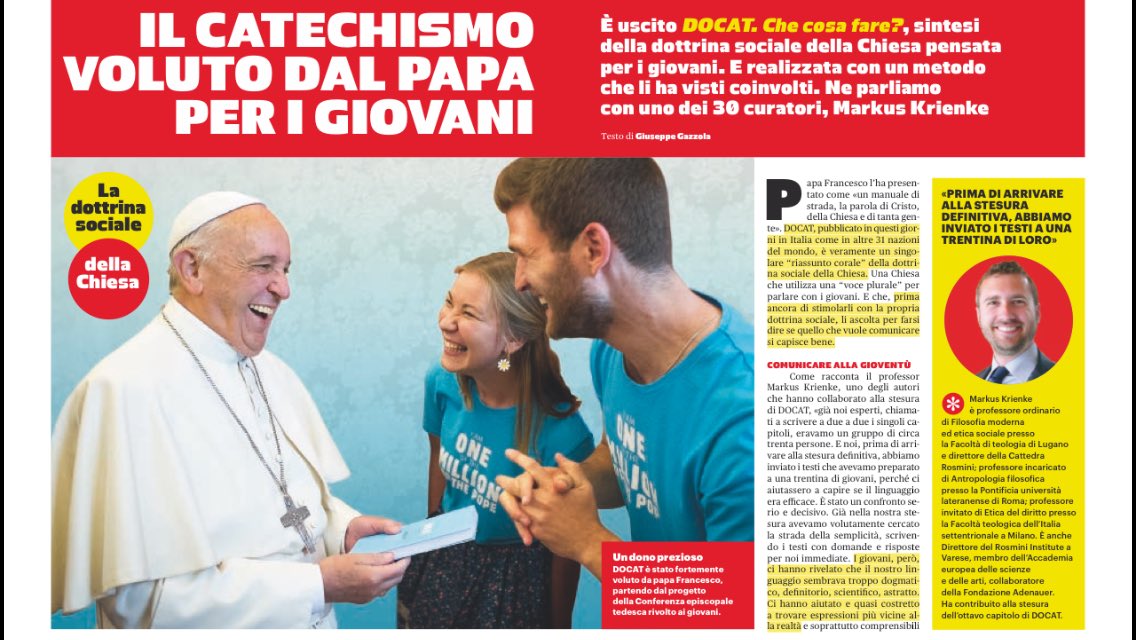 CattedraRosmini's tweet photo. #DOCAT è uscito anche in traduzione italiana: il pensiero sociale per giovani e adulti.Oggi un'intervista su #Credere Scaricate la #DoCatApp https://t.co/b7KUnRI9zJ