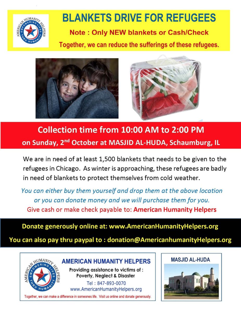 Masjidalhuda's tweet photo. Donate and contribute towards blankets for local refugees right here in Chicago. https://t.co/Ow04qYgJtg