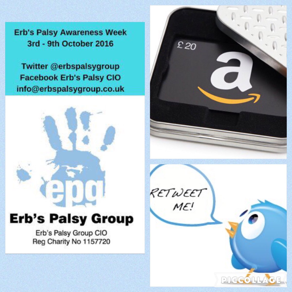 erbspalsygroup's tweet photo. Follow & RT to win our #erbspalsy awareness week #competition £20 Amazon voucher #nerve #brachialplexus #win #prize https://t.co/TBeGcFNDWa https://t.co/603aYCUPbk