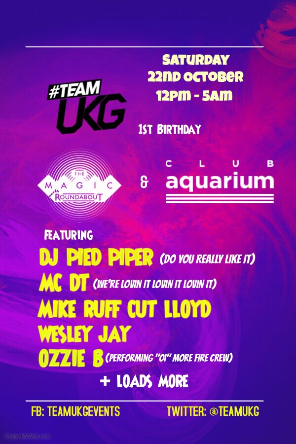 The <a href="/TeamUKG/">#TeamUKG</a> 1st birthday 

fatsoma.com/TeamUKG/yhf7qe…

Ft <a href="/DJPiedPiper/">Dj Pied Piper</a> <a href="/1MCDT/">MC DT</a> <a href="/MikeRuffCut/">Mike Ruff Cut Lloyd</a> <a href="/WesleyJay/">Wesley Jay</a> <a href="/OfficialOzzieB/">#1122 🇬🇧🇯🇲</a>