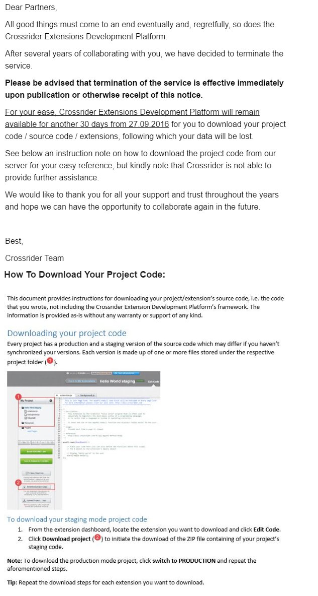Closing our Extensions Dev Platform.. Thank you for your support &amp; trust throughout the years! Hoping to collaborate with you in the future