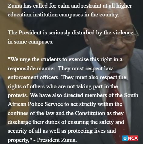 eNCA's tweet photo. Presidency statement on #Fees2017 protests https://t.co/savw0tuOb7