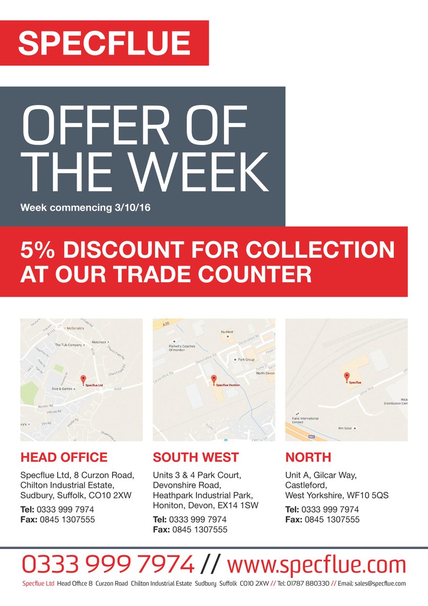 specflue's tweet photo. **Offer of the Week** Next week we are offering an extra 5% discount on trade counter collection orders from all of our three depots!! https://t.co/qH7hjemhcc