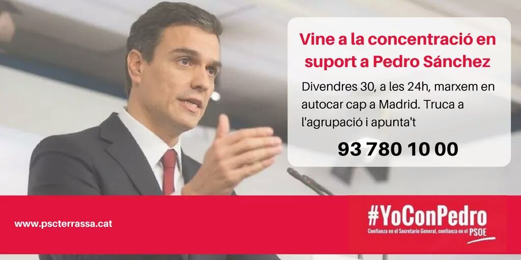 PSCTerrassa's tweet photo. Vamos a defender al Secretario General elegido por la militancia. Vamos a demostrar que las bases estamos con él. https://t.co/BArFn9cdSl