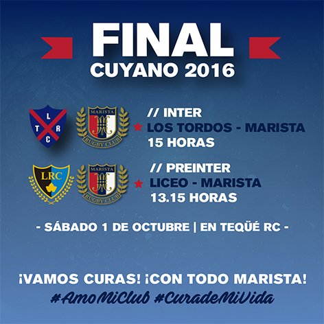 maristarugby's tweet photo. #Cuyano2016 Este sábado, la Inter y la @preinterr juegan las Finales del Torneo! VAMOS CURAS! CON TODO MARISTA! #AmoMiClub #CuradeMiVida https://t.co/rgt8UipmDm