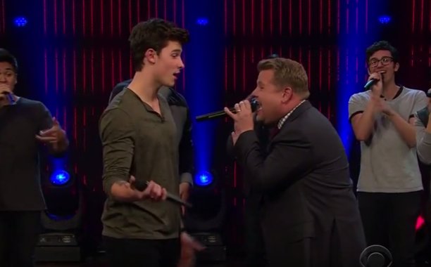 EW's tweet photo. .@ShawnMendes and @JKCorden compete in generational riff-off: https://t.co/5Wm4DKilPZ 🙌🏽 https://t.co/drrY0Z3LUO