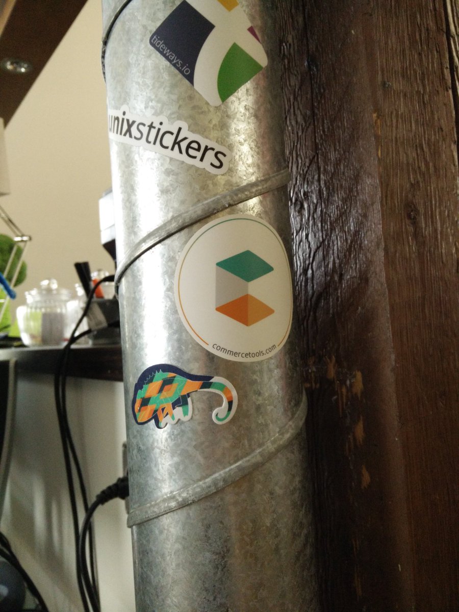 CodeMacher's tweet photo. Fresh from Berlin! Our senior developer Viktor has brought us some nice stickers for our #Stickerpipe #commercetools #ecomhack  [PB] https://t.co/iDskbwQ9kz