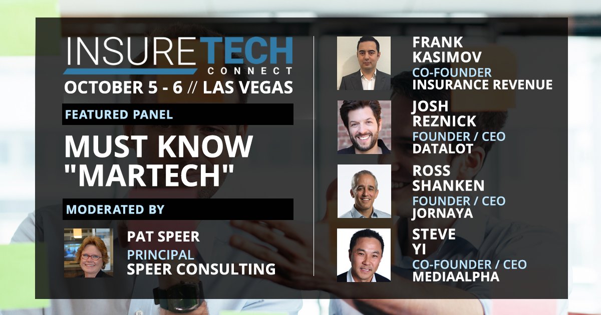 Don't miss the latest innovations in #martech #insurtech #insuretechconnect <a href="/Pspeer/">Pat Speer</a> <a href="/joshreznick/">Josh Reznick</a> <a href="/InsurRevenue/">Insurance Revenue</a> <a href="/Jornaya/">Lukman Joss</a> <a href="/Datalot/">Datalot</a> Media Alpha