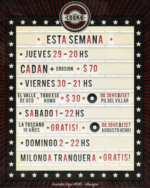 CCCooke_'s tweet photo. ★AGENDA SEMANAL COOKE★
#Agenda #Semanal #Cultura #Bar #ClubCultural #CCCooke #Almagro #GuardiaVieja4085 https://t.co/ic7LLfiOPk