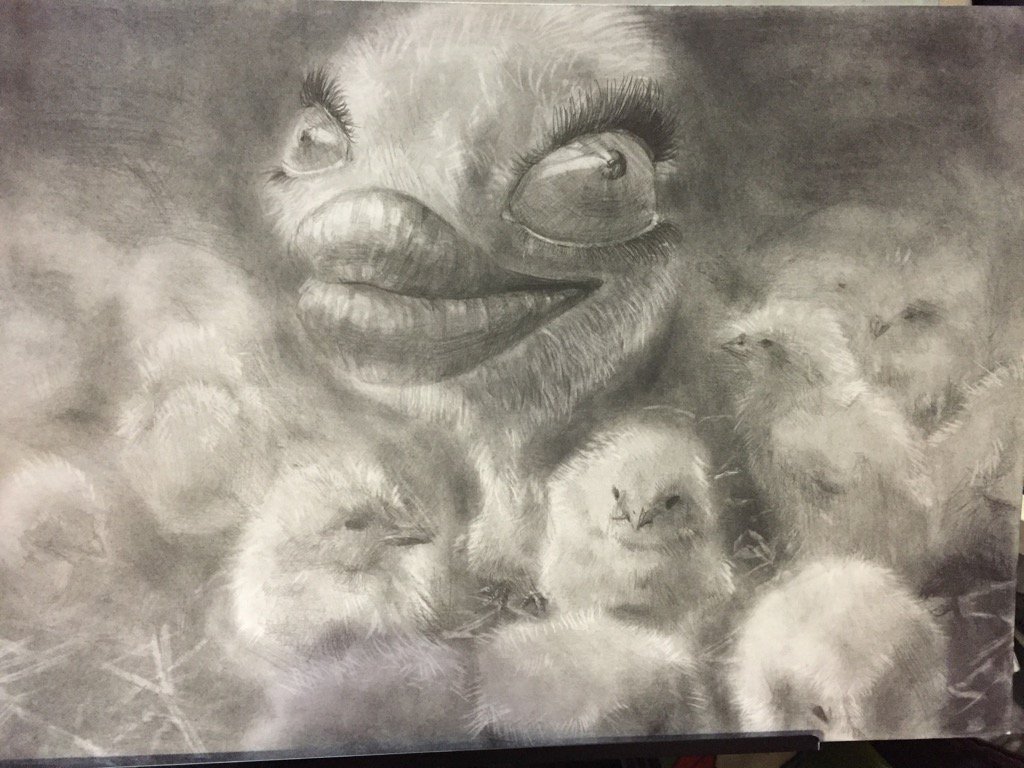 モジャ 久しぶりの絵の投稿 課題 擬音から想像して化け物を創る のぴのぴ この化物はひよこ の集団の中に必ず一匹はいる ただ居るだけの化け物 自分はひよこだと思ってるけれどひよこではない 主食はひよこの羽 パステル画の経験を活かせて良かった