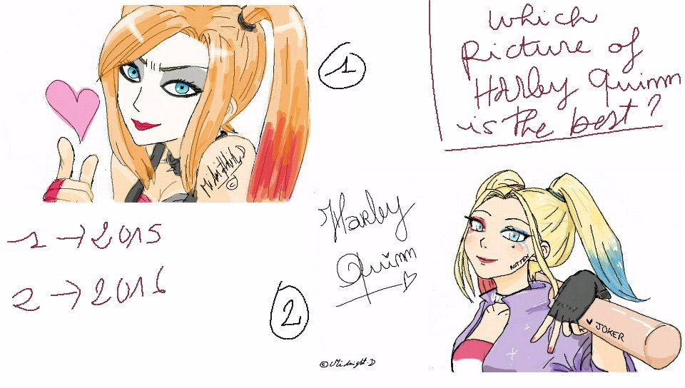 MissAmel55's tweet photo. #PSVita_PP iK9YtItGW85umeNNaCOiiqWI which is the best harley quinn's drawing ? Say 1 or 2 #fanart  #harleyquinn https://t.co/JM6EX7LmZy