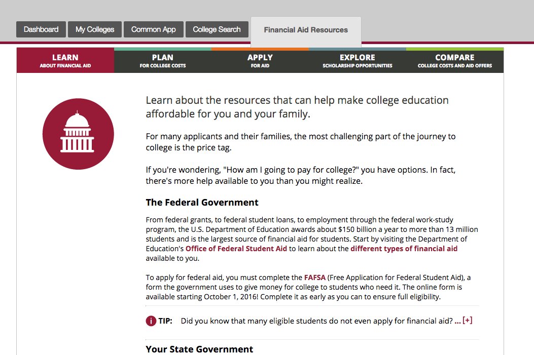 CommonApp's tweet image. Introducing the Financial Aid Resources tab, with links to federal and state resources - right within the #CommonApp itself.