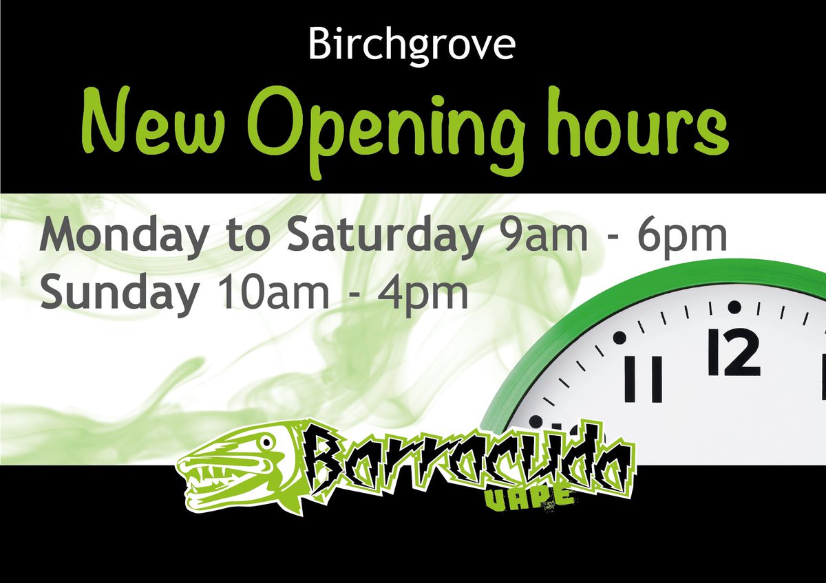 BarracudaVape's tweet photo. New opening times for our Birchgrove store start Sunday 2nd October #vaping #ecig https://t.co/XekbFTWbAB