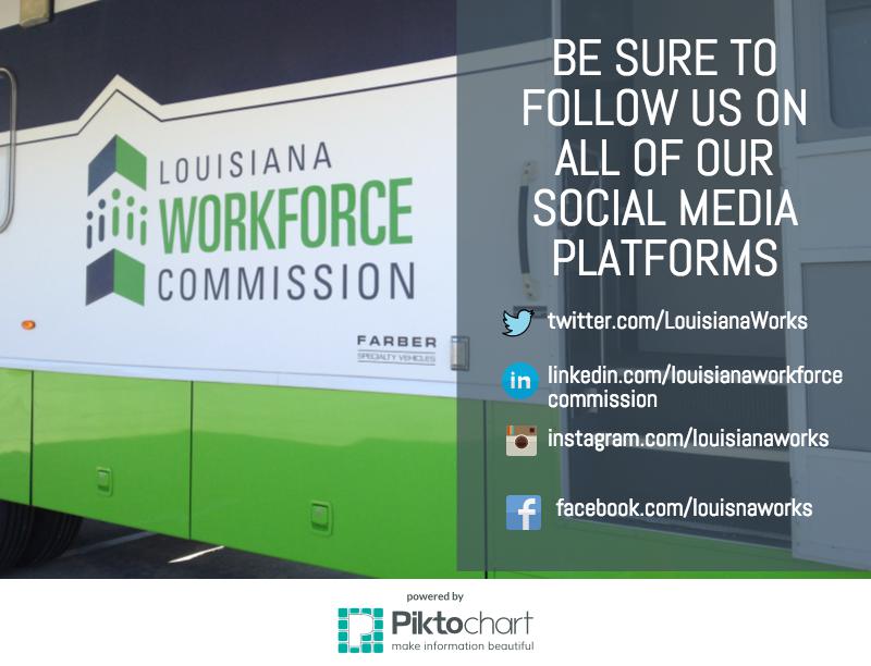 LouisianaWorks's tweet photo. Be sure to follow all of our social media outlets to stay current with all things LWC.  #HireLa #LaWorks #LaWorkforce https://t.co/KiE4cLBHWh