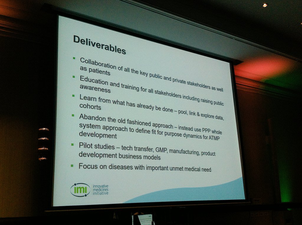 IHIEurope's tweet photo. IMI's @MDGunnPhD presents the outcomes of the #AdvancedTherapies workshop #IMISF2016 https://t.co/naESaKvIiV