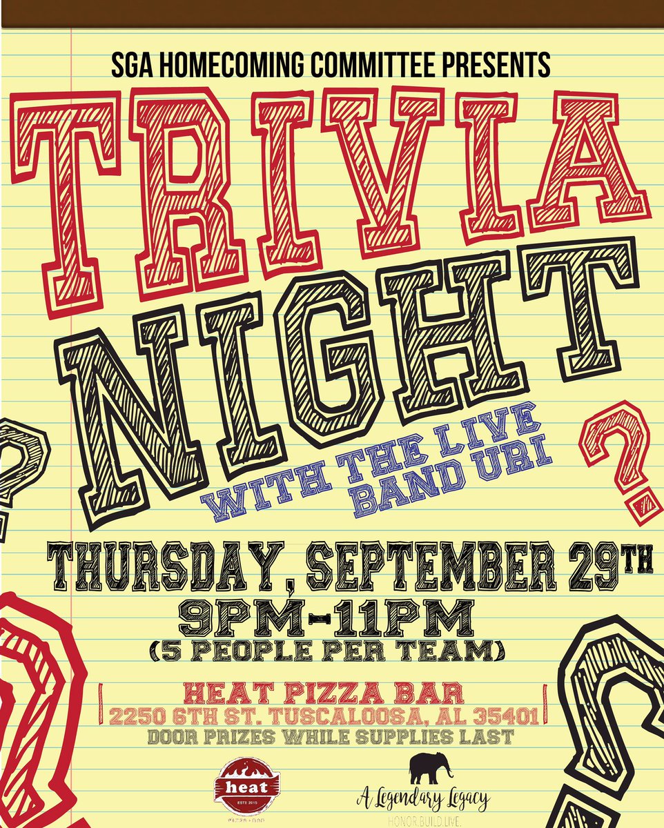 UAHomecoming's tweet photo. See you for Trivia Night this evening at Heat Pizza Bar! #UAHC16 https://t.co/xhGWb4uibE