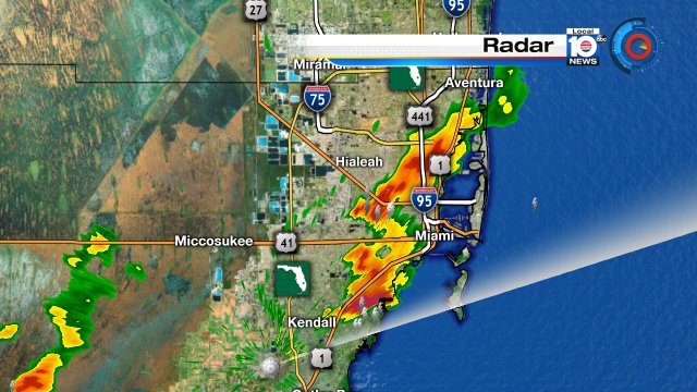 As of 3:23 p.m., thunderstorms producing lightning, gusty wind and, perhaps, small hail are pounding Miami. https://t.co/NefxPqHZcO