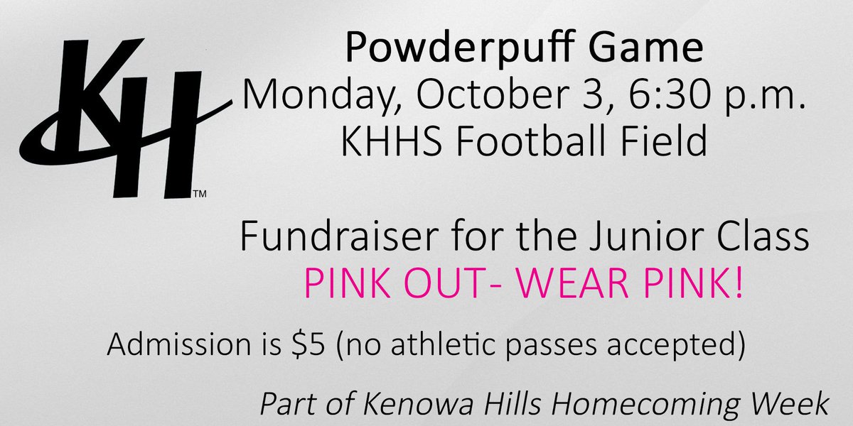 KenowaHills's tweet photo. Next week is Homecoming Week! Cheer on the junior and senior girls in the Powderpuff Game on Monday, October 3. https://t.co/gsGNx1j9Ku