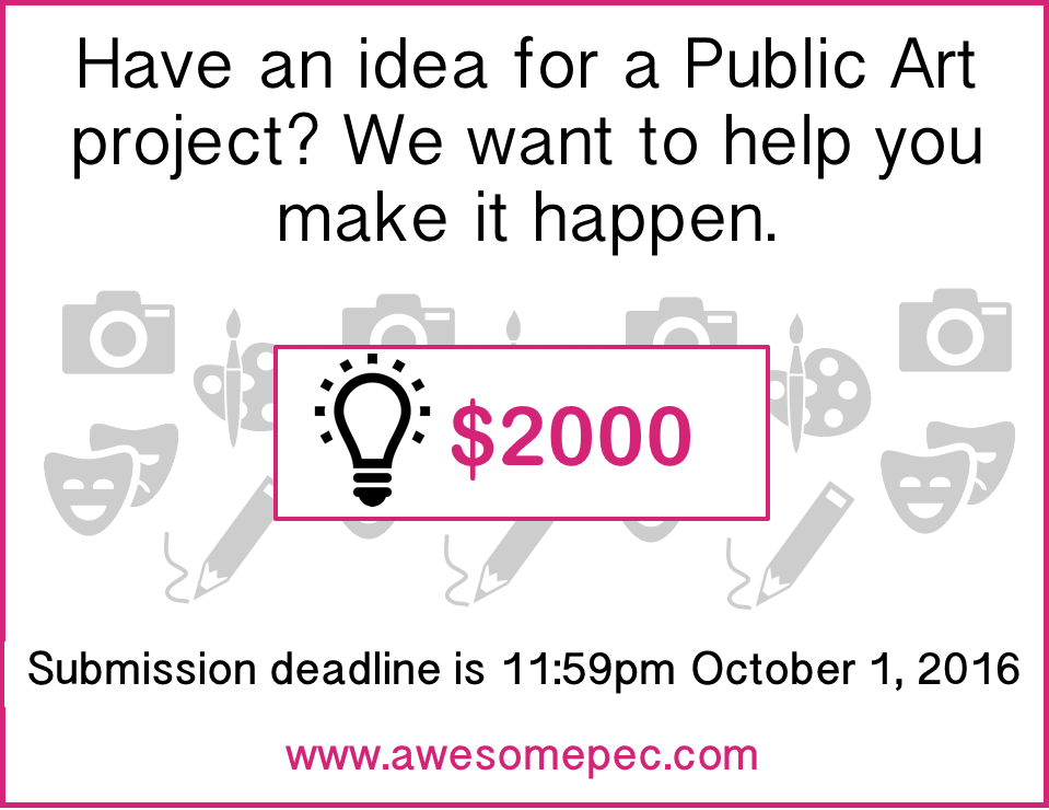 AwesomePEC's tweet photo. @AwesomePEC  &amp; @PECArtsCouncil want to give you a $2000 micro-grant for your #awesome Public Art idea. Submissions due 11:59pm Oct 1, 2016 https://t.co/eZcau8BDWB