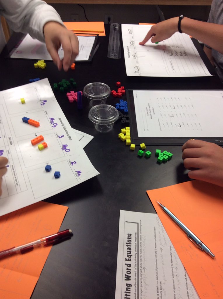 IHeartScience2's tweet photo. D31: Chem kids worked with manipulatives to start balancing equations today! #scienceteacher #teach180 https://t.co/owFtTE83Sd