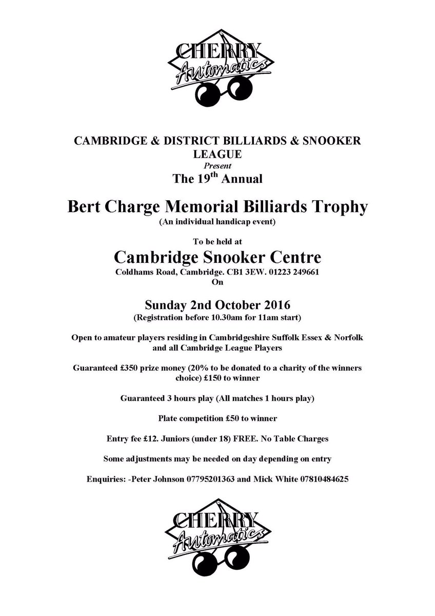 CDBSL147's tweet photo. The Bert Charge Memorial Billiards Championship takes place this Sunday at Cambridge Snooker Centre. #CambridgeBilliards #EnglishBilliards https://t.co/VsswA52iCa