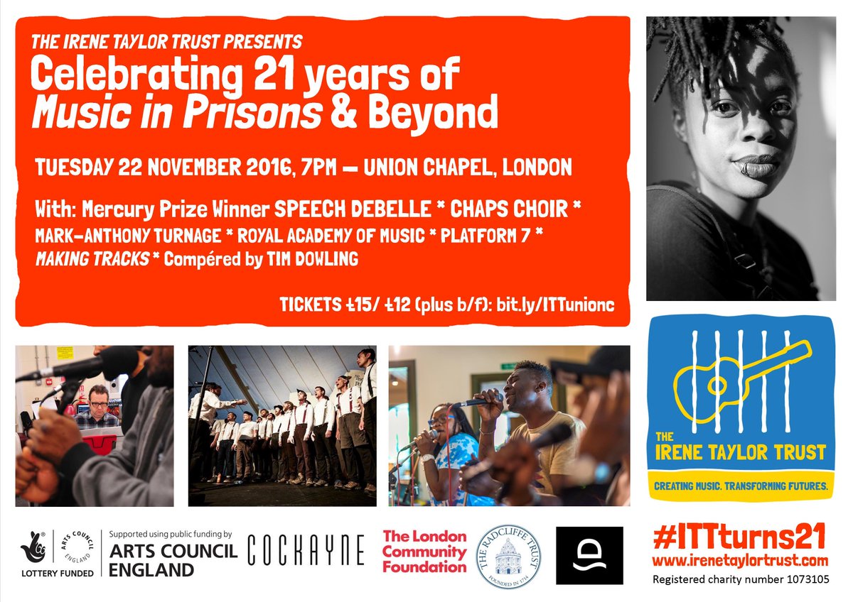 MusicinPrisons's tweet image. #ITTturns21 w/ @speechdebelle @ChapsChoir @IAmTimDowling #Platform7 @UnionChapelUK 22 Nov - bit.ly/ITTunionc