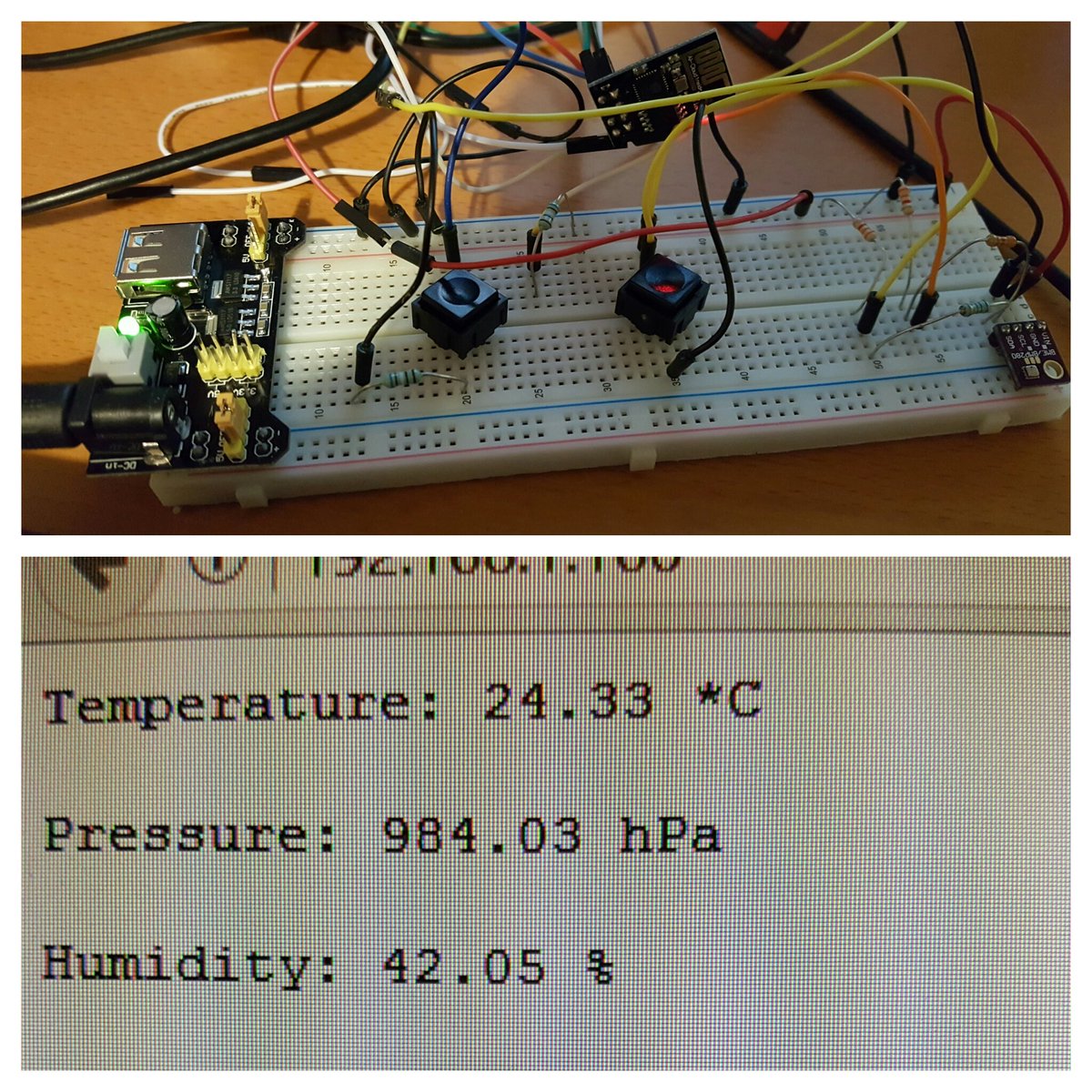 tokorhon's tweet photo. Wlan controlled weather station building up #esp8266 #bme280 #homeautomation https://t.co/58Ibmia6LA
