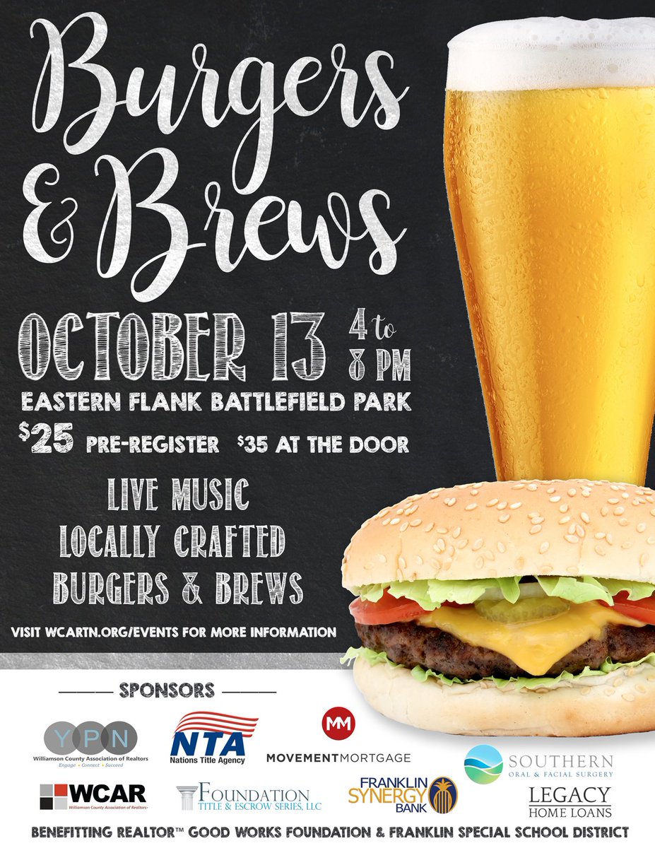 yourwilliamson's tweet photo. Burgers & brews...what else could you want? Join @WCAR_TN 10/13 at Eastern Flank Battlefield Park for good food & company! #WCARTN https://t.co/mXnowkzRSu