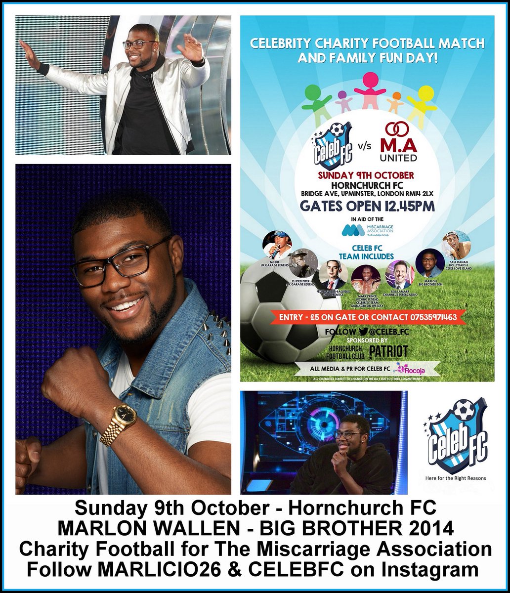 WOW! #CharityFootball Oct 9th @AFCHornchurch with @MarlonWallen  from @bbuk   for @MiscarriageA - @essexlive  Don't miss it!