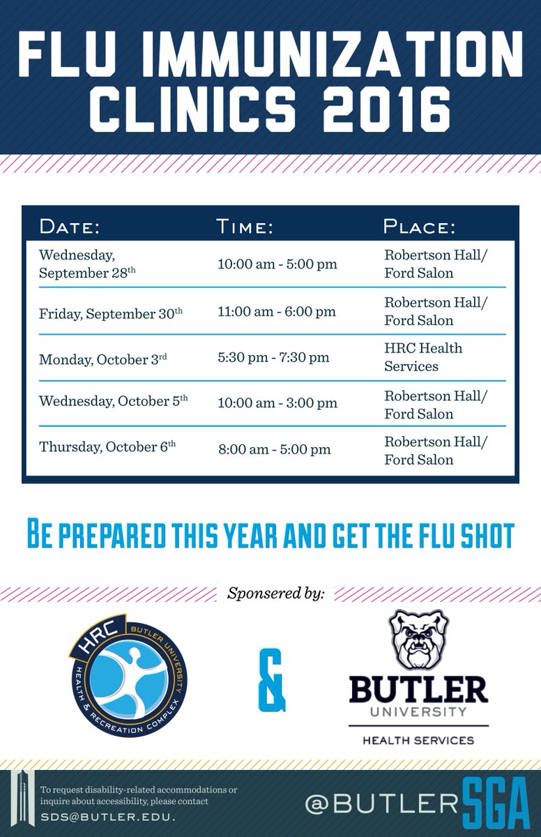 butlerHRC's tweet image. Tomorrow is your next opportunity to stop by and get your flu shot! Check out the graphic below for the full clinic schedule! #BUBeWell