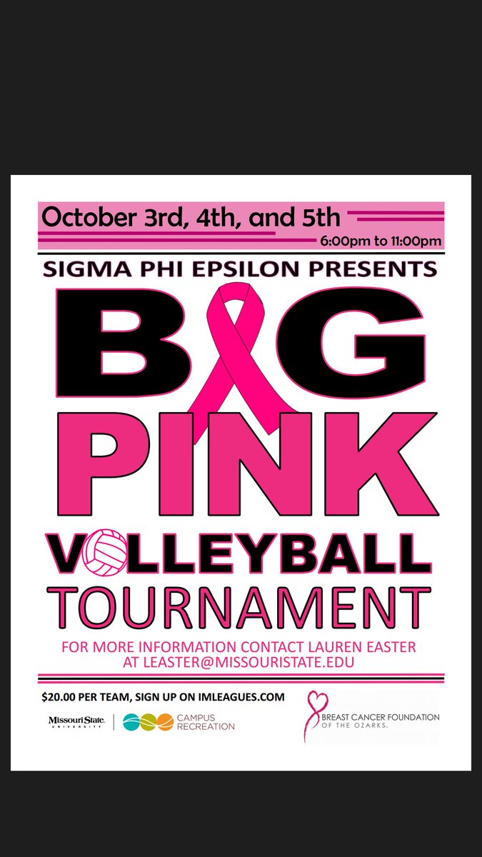 MOStateSigEp's tweet photo. We hope to see everyone at the Big Pink Volleyball Tournament starting October 3rd! https:// https://t.co/vy6uGDVXLa https://t.co/wfJyqZBK0I