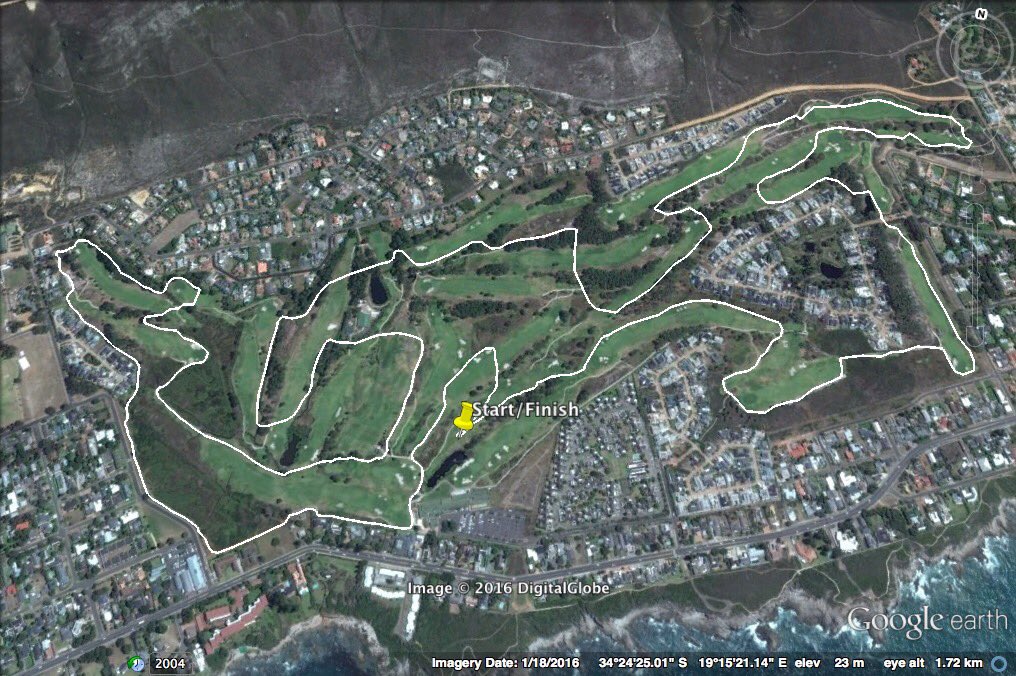 CTRunCo's tweet image. Here is your 10km route for tomorrow! 5km starts the same way then diverts down to the start. Magic venue @HermanusGolf #Wolfpacktrails