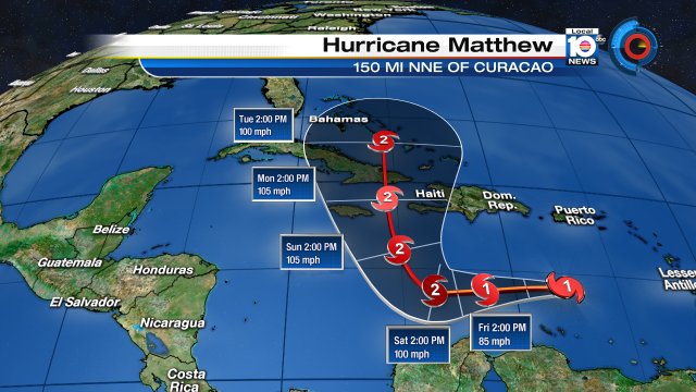 As of NHC's 5 p.m. advisory, here's the forecast track for Hurricane Matthew.  #SOFLO should still monitor Matthew. https://t.co/efRH3UbMr5