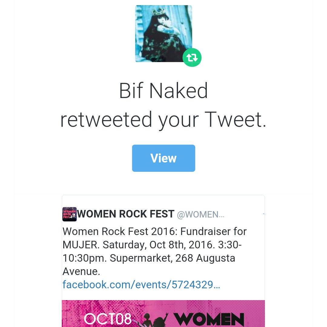WOMENROCKFEST's tweet photo. That time @bifnaked retweeted @MUJERorg 's @WOMENROCKFEST . Thank you for sharing #MUJER 's #WRF2016, #BifNaked ! https://t.co/5D7skLQ4QM