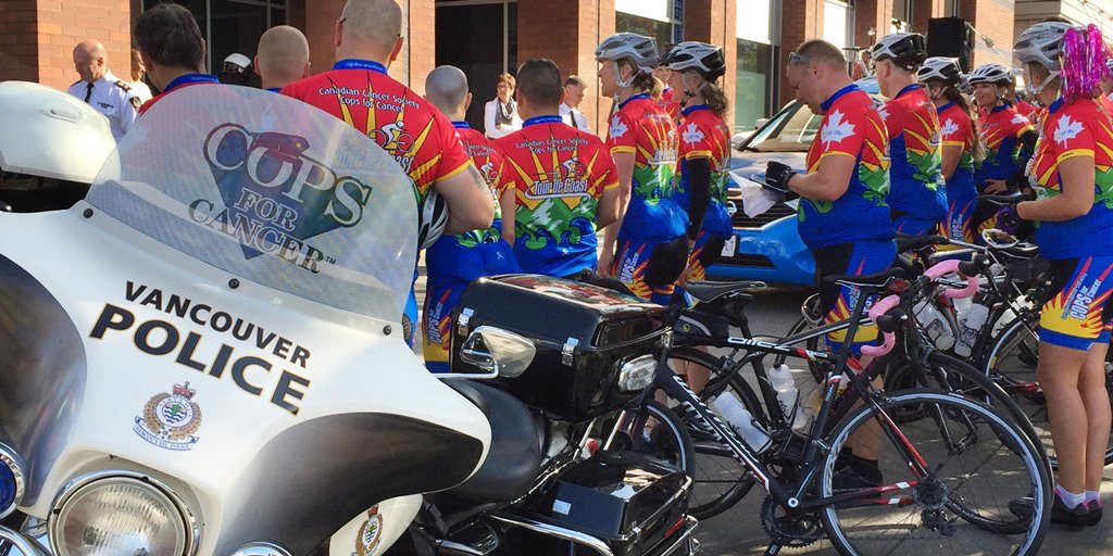 VancouverPD's tweet photo. SO excited to cheer for @TourdeCoast @CopsForCancer as they reached the end of their 800 km ride to #EndChildhoodCancer! #CopsForCancer #VPD https://t.co/EUwuSE0RFi