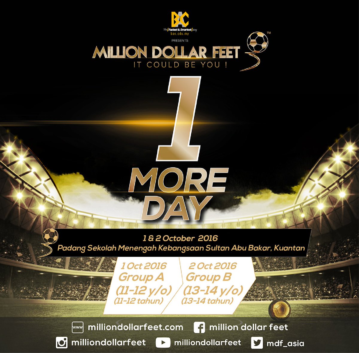 We will be in Kuantan tomorrow &amp; Sunday! Come and tryout for your chance to be the lucky two to be flown to the UK! #milliondollarfeet