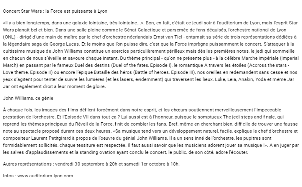 Concert Star Wars : la Force est puissante à Lyon «Il y a bien longtemps, dans une galaxie lointaine, très..