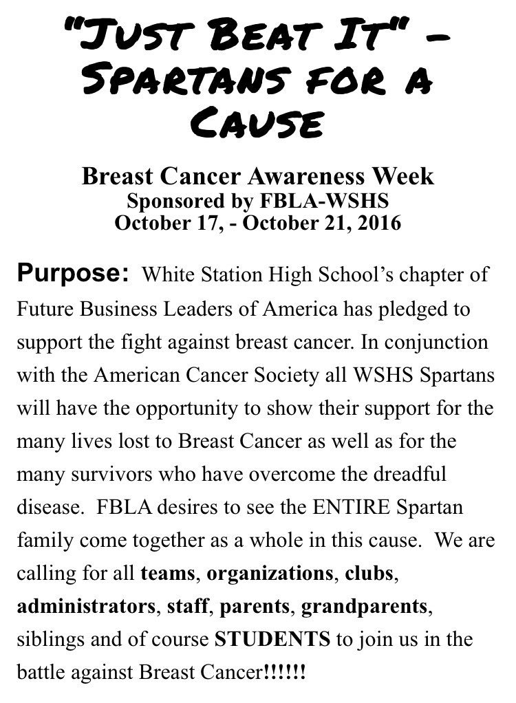 fbla_wshs's tweet photo. WSHS BREAST CANCER AWARENESS WEEK OCT. 17 - 21, 2016 ππππ#justbeatit2k16 #spartansforacause https://t.co/ypXrY9Cp9G