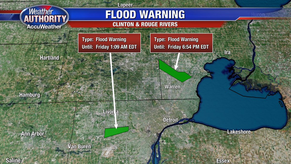 Flood Warning for parts of Clinton R. near Sterling Heights & for the Rouge near Inkster & Dearbon. Minor Flooding!