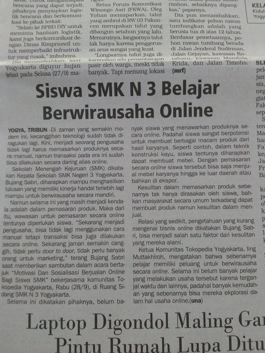 topcomjogja's tweet photo. Wah acara @tokopedia Top Community Jogja di @smkn3jogja tentang bisnis online ada di Tribun Jogja... makasi yaa @tribunjogja #TCJOG #Jogja https://t.co/jul20gK7Rj