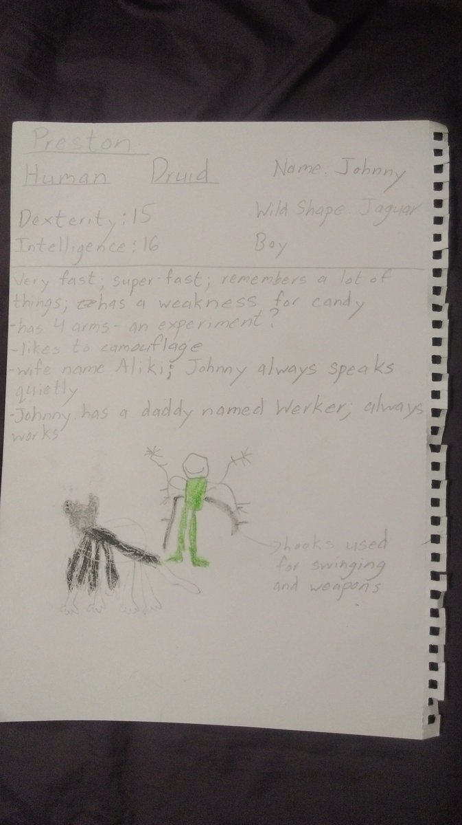 ZaharWhitney's tweet photo. @Marisha_Ray :Wanted to share this with you. My 5-year-old son's first D&amp;D character, and he's a Druid. Enjoy! https://t.co/mVGdjOMQgs