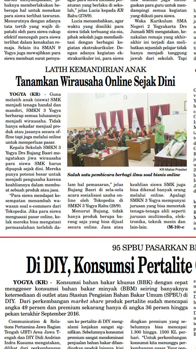 topcomjogja's tweet photo. Kegiatan @tokopedia Top Community Jogja tentang bisnis online di @smkn3jogja hadir di Koran KR nih.. thanks @KRjogjadotcom #TCJOG #Jogja https://t.co/2YsUC7nNZT