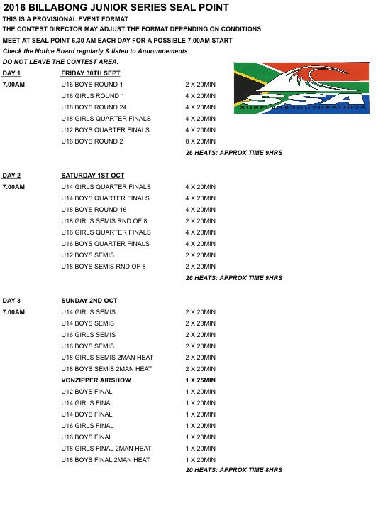 This is the schedule for the #BillabongJNR at Seals!