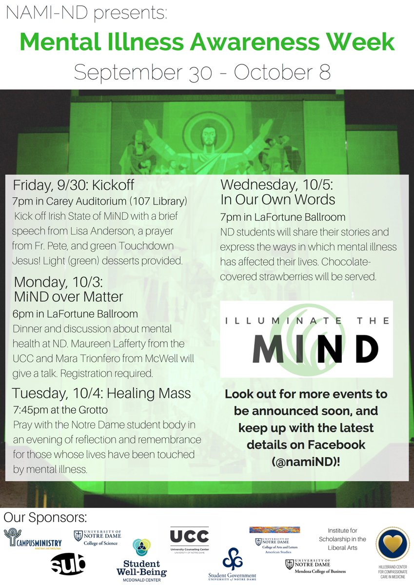 ActiveMindsND's tweet image. It's finally here! Irish State of MiND: Mental Illness Awareness Week begins with a kickoff today (Friday) at 7:00 in rm 107 in the library!