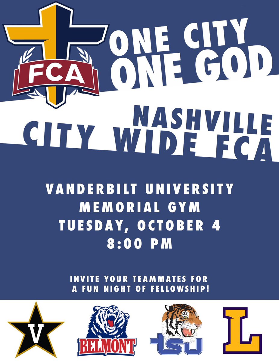 Next TUESDAY!! #OneCityOneGod we are hanging at Vanderbilt! 8pm - bring a friend and join us!!
 #TSU #Vanderbilt #Lipscomb #Belmont