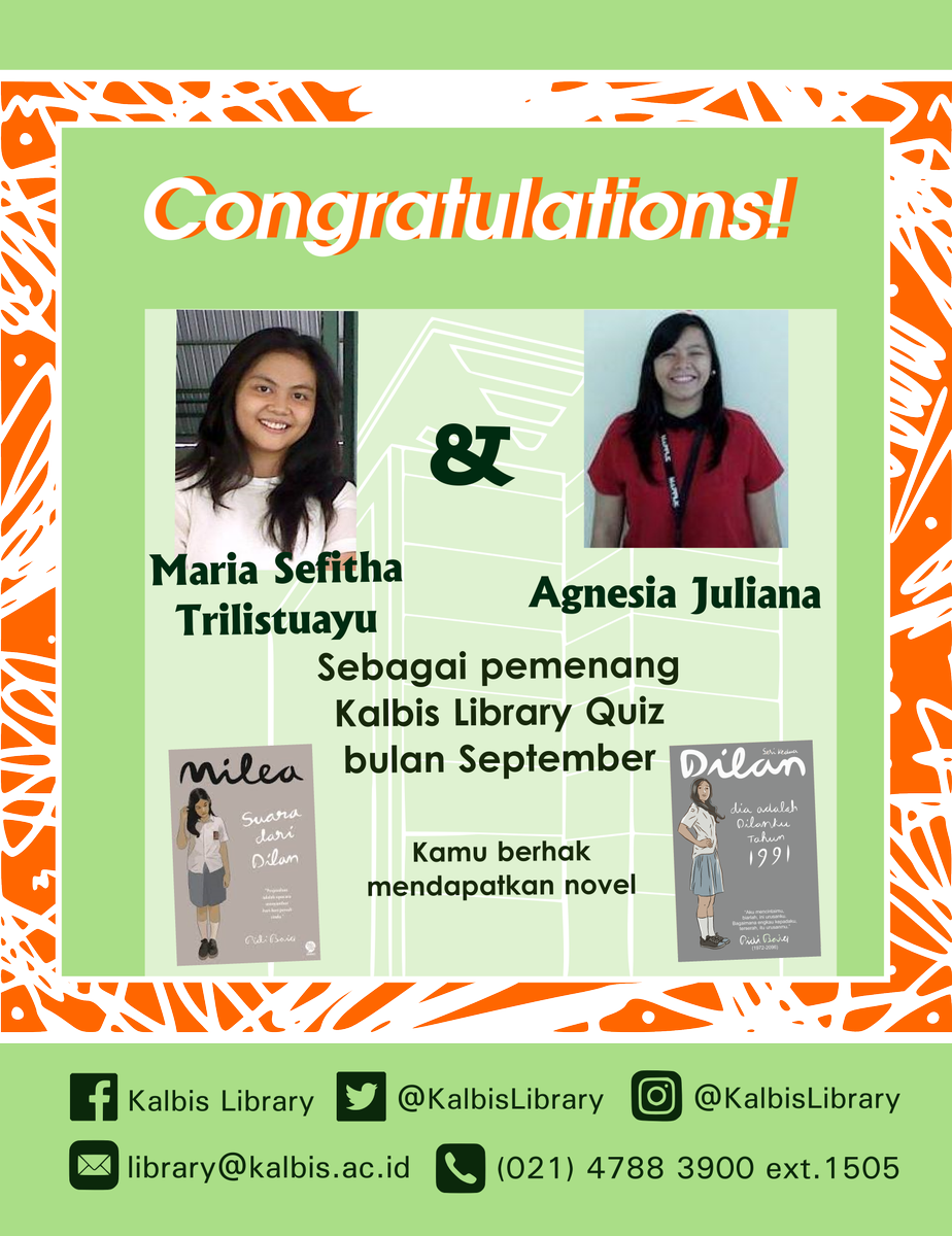lrckalbis's tweet photo. Pemenang #KalbisLibraryQuiz adlh @mariasefitha & @agnesiajuliana. Selamat untk para pemenang! Hadiah bisa diambil di @Kalbislibrary hr ini! https://t.co/3OP4MXCXjo
