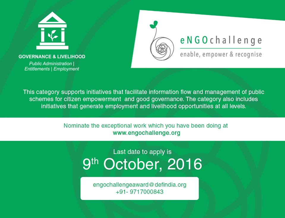 Apply under #Governance &amp; #Livelihood, one of the 8 categories of #eNGOChallenge2016 to get recognised for your exceptional work. 
<a href="/NGOs500/">TOP NGOs</a>
