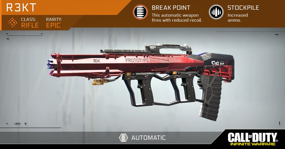 InflniteWarfare's tweet photo. Get R3KT. 

This Epic full-auto assault rifle comes with the Break Point Gun Perk for reduced recoil. #InfiniteWarfare https://t.co/4JsleEA82z
