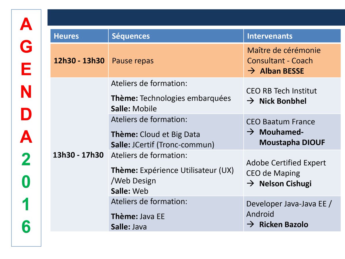 JCertif's tweet photo. #Geek - Jour-2 de la messe #Technologique , voici le programme @airtel_congob @ARPCECongo @ECongoAirlines #JCertifBrazza2016 https://t.co/K2NL7LeB2t